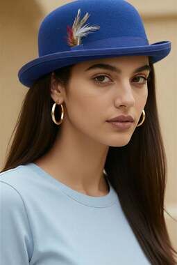 Capas Design Royal Blue 100% Wool Derby Bowler Hat with Feather Accent